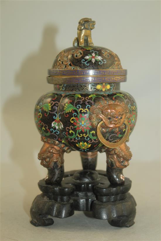 A Chinese cloisonne enamel tripod censer and cover, c.1910,